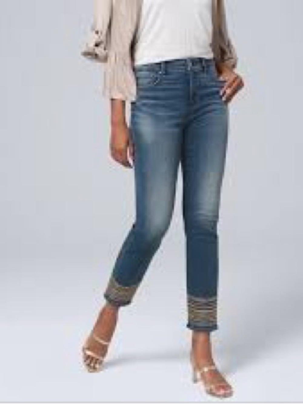 White House Black Market Cropped Jeans with Gold Embellishments Size 10 - Picture 3 of 11